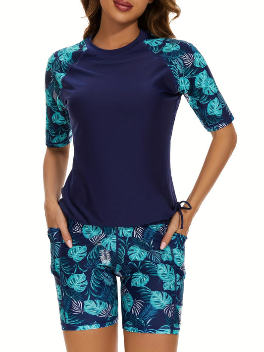 Women's Tropical Print Tankini Set with Half-Sleeve Rash Guard & Drawstring Boxer Shorts - Stretchy